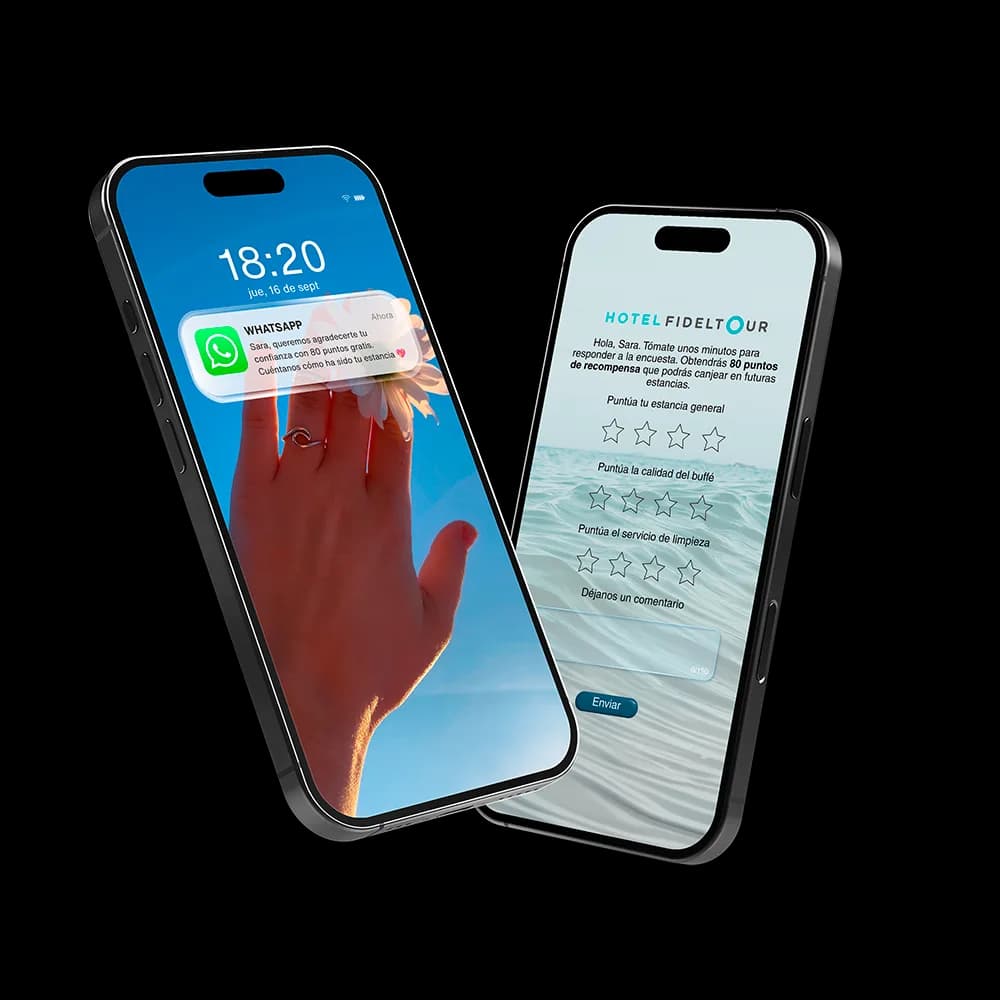 Dos móviles superpuestos: notificación de WhatsApp agradeciendo la estancia y encuesta post-estancia con valoración por estrellas
