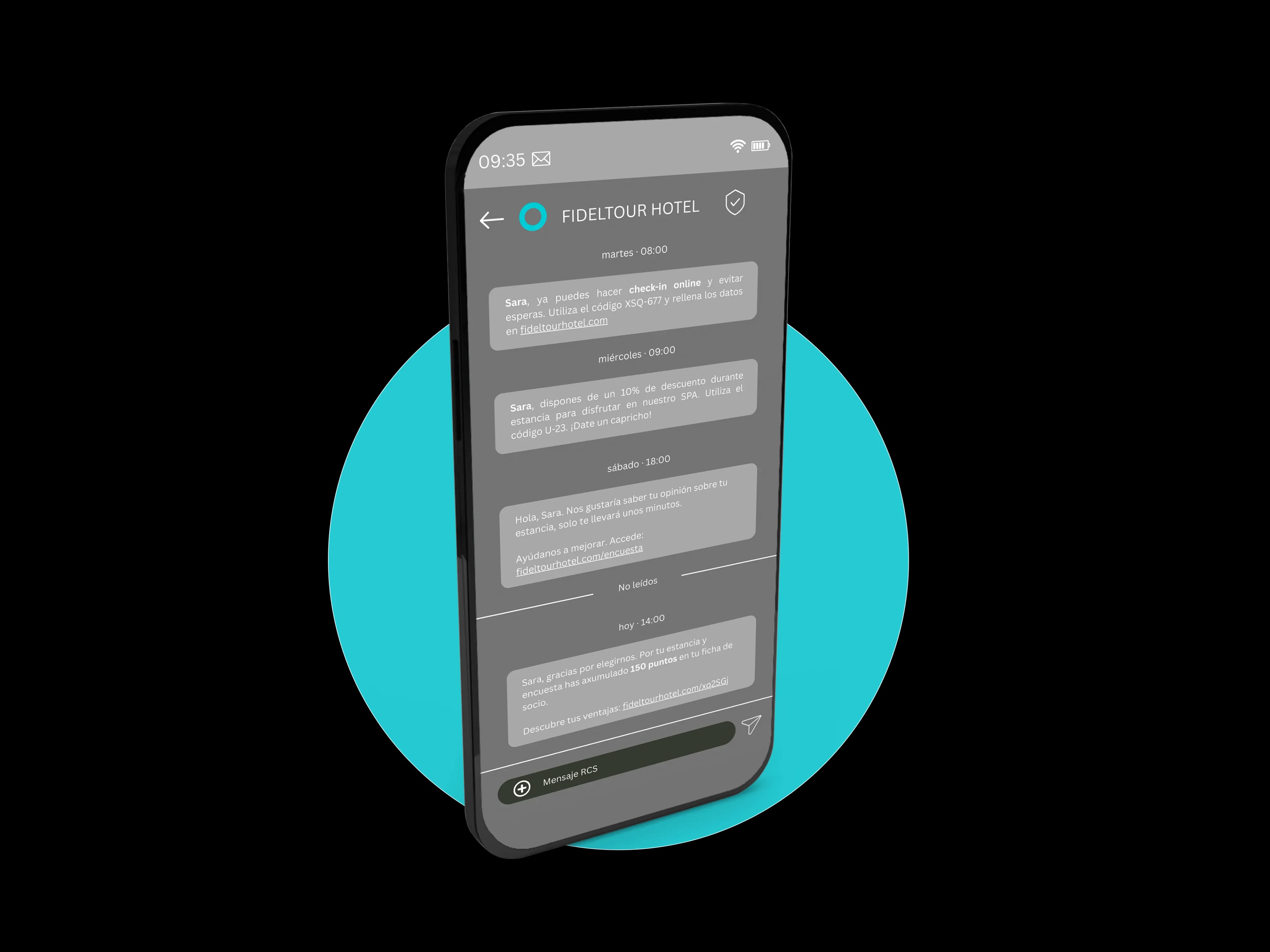 Vista del módulo SMS de la plataforma Fideltour CDP para hoteles